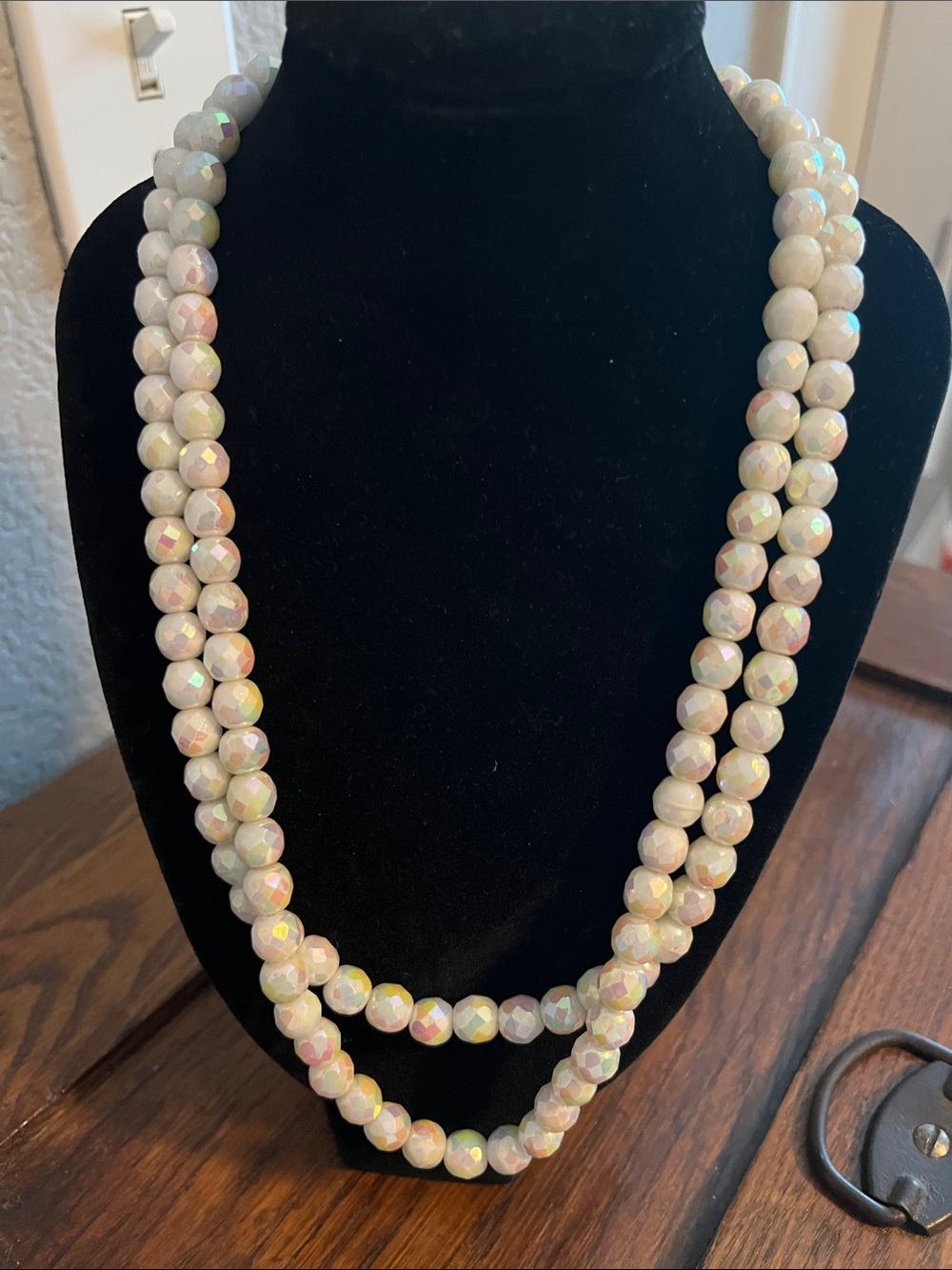 Iridescent White Glass Beaded Double-Strand Necklace
